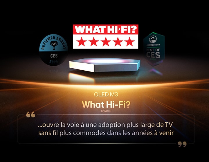 Award for the OLED M3 from What Hi-Fi. Excerpt from their review reads, paves the way for more TVs to become conveniently wireless in future years…