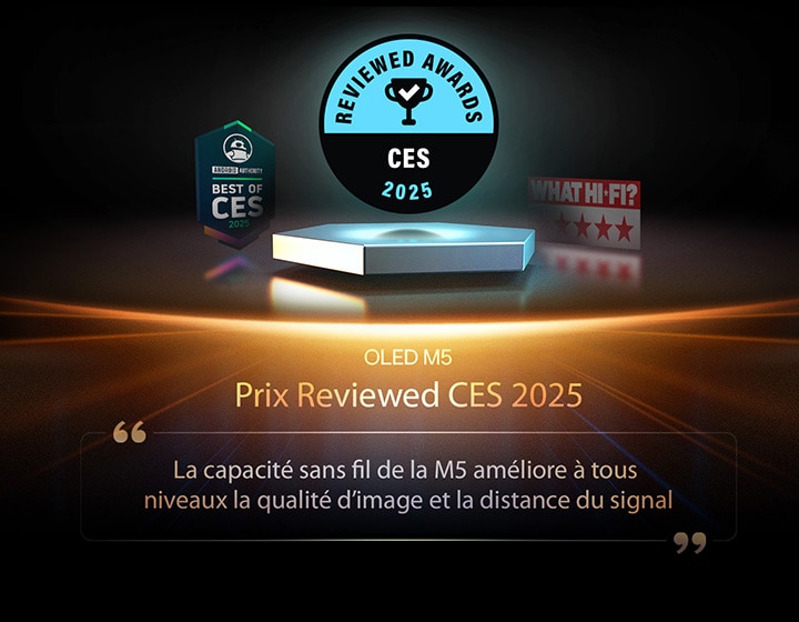 Award for the OLED M5 from Reviewed. Excerpt from their review reads, the M5's wireless capability improves on every measure of picture quality and signal distance.