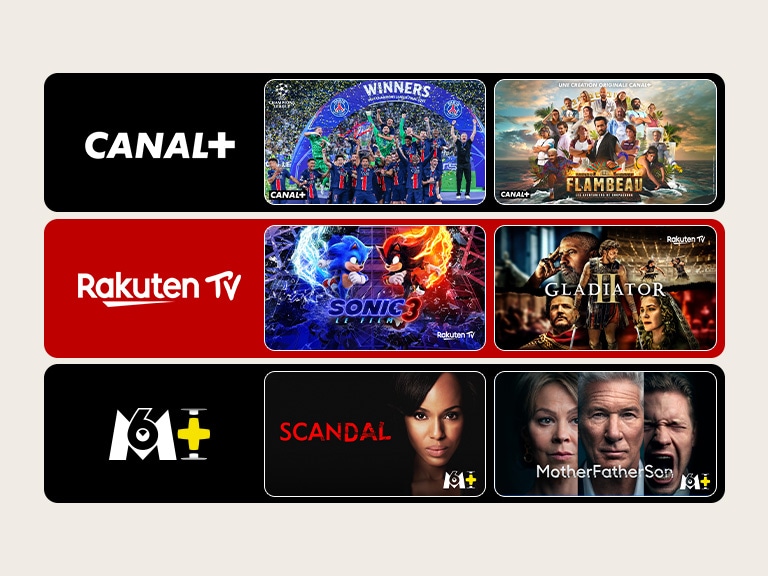 Quatre cases colorées présentant des logos de services de streaming populaires avec deux vignettes de séries TV chacune, illustrant une sélection diversifiée de contenu de streaming, notamment des séries, films et documentaires.