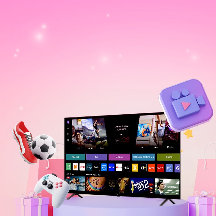 LG Smart TV entourée de coffrets cadeaux et de sacs d’achat, présentant des offres spéciales à durée limitée et des événements de streaming exclusifs disponibles sur la plateforme webOS.