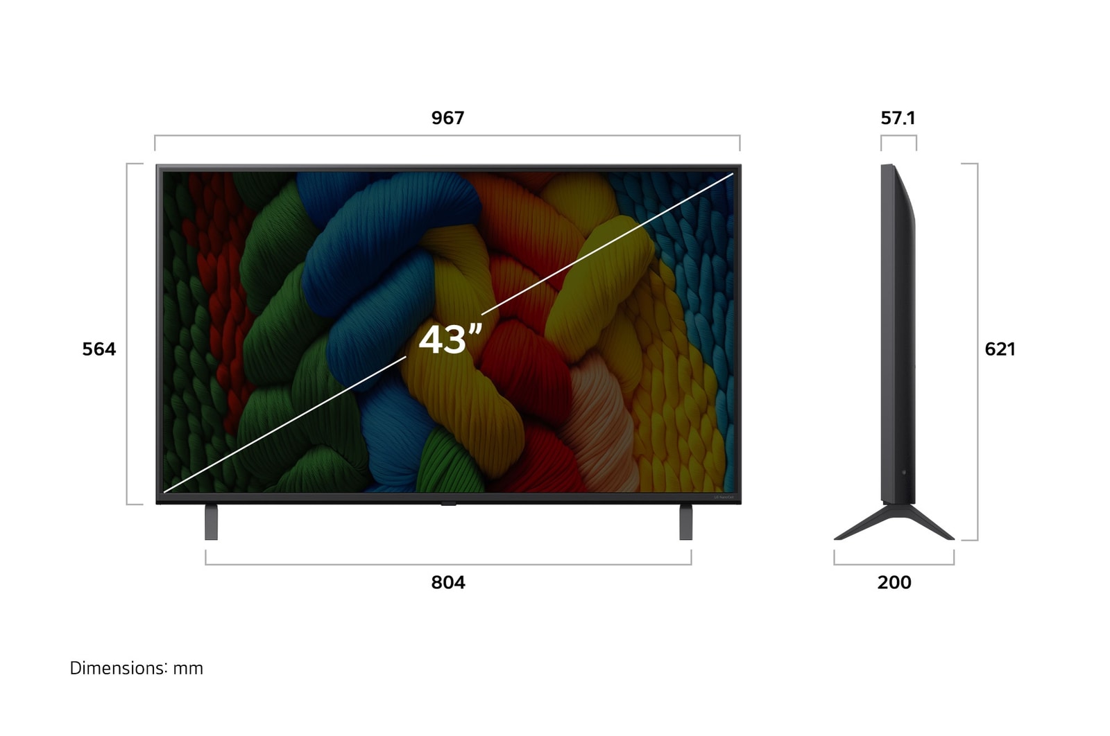 Vue avant et latérale de la Smart TV LG NanoCell NANO80 AI 4K montrant ses dimensions de longueur, largeur, hauteur et profondeur.