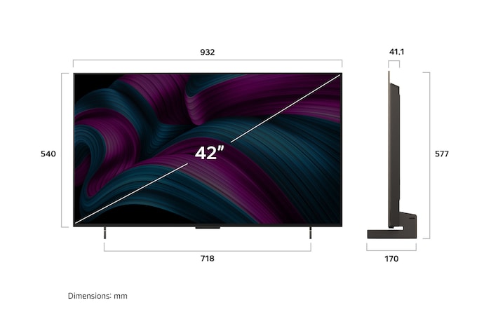 Front view and side view of LG OLED evo AI C5 4K Smart TV showing its length, width, height, and depth dimensions.