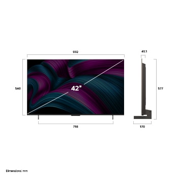 Front view and side view of LG OLED evo AI C5 4K Smart TV showing its length, width, height, and depth dimensions.