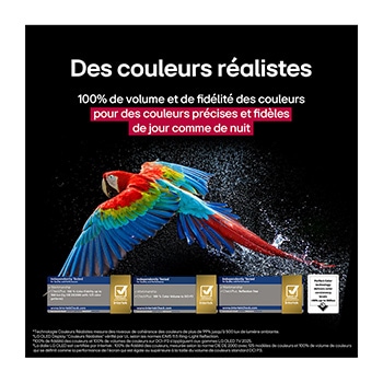 Colorful parrot in ultra-high definition against a black background. Water drops are suspended in the air all around it. The image showcases Perfect Color as each different hue on the parrot's body is vibrant and vivid. Different logo certifications from UL and Intertek are visible. These refer to 100% Color Fidelity and 100% Color Volume. Text is also visible, check the Perfect Color certification mark.