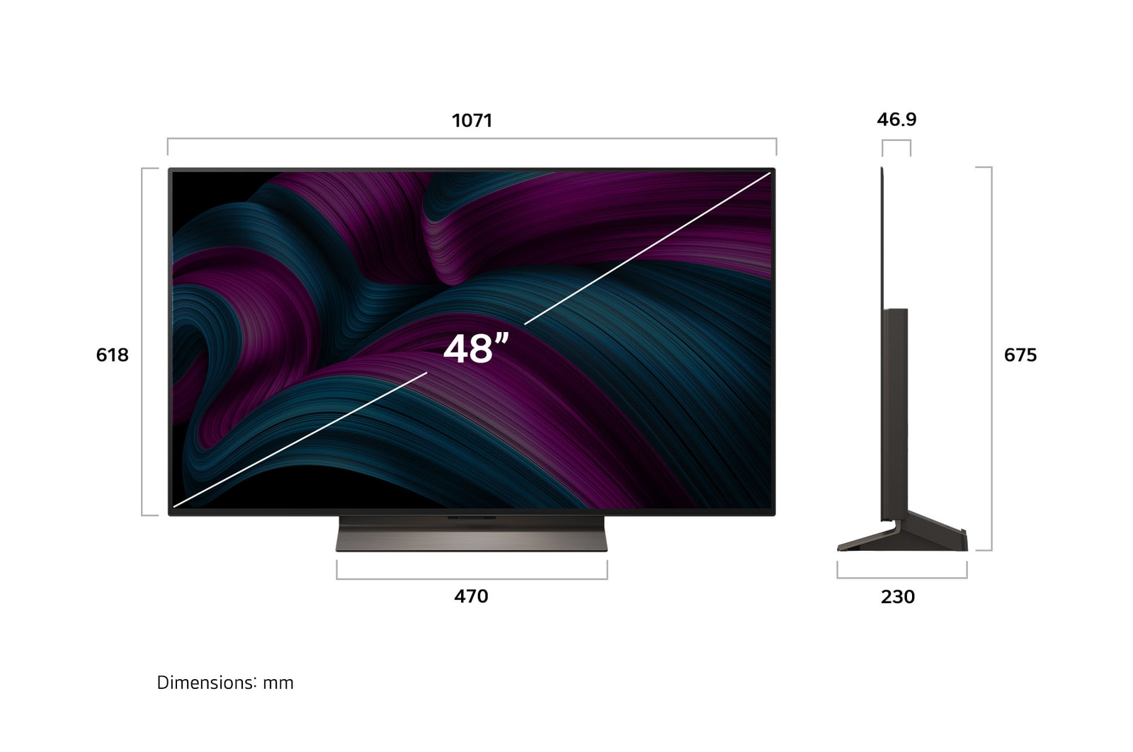 Front view and side view of LG OLED evo AI C5 4K Smart TV showing its length, width, height, and depth dimensions.