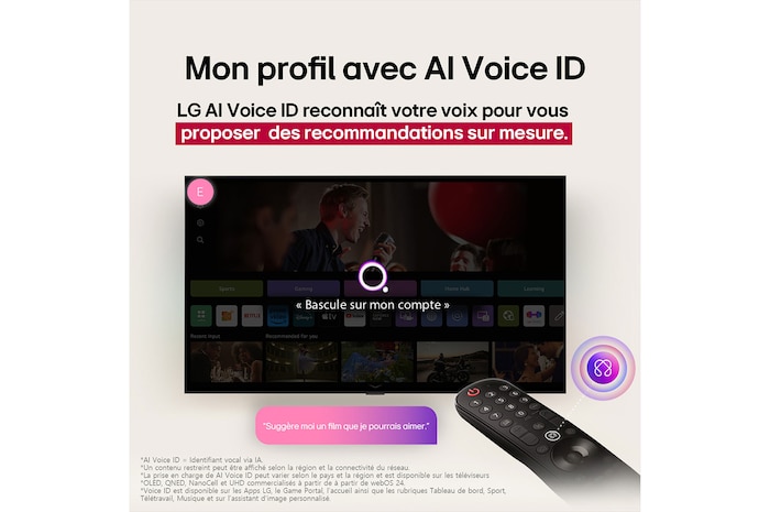 Sur l'écran d'un téléviseur LG OLED, la page d'accueil de webOS 25 est remplie d'applications et de contenus de divertissement. La télécommande LG AI Magic Remote est fixée au téléviseur. Le bouton AI est mis en évidence comme s'il était activé par la voix de l'utilisateur. À côté, une bulle de dialogue permet de passer à mon compte. Le court texte explique comment les utilisateurs peuvent désormais synchroniser leur voix avec leur profil personnel pour une navigation plus facile et des recommandations personnalisées.