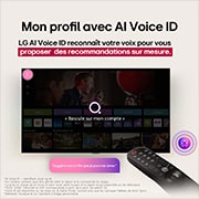 Sur l'écran d'un téléviseur LG OLED, la page d'accueil de webOS 25 est remplie d'applications et de contenus de divertissement. La télécommande LG AI Magic Remote est fixée au téléviseur. Le bouton AI est mis en évidence comme s'il était activé par la voix de l'utilisateur. À côté, une bulle de dialogue permet de passer à mon compte. Le court texte explique comment les utilisateurs peuvent désormais synchroniser leur voix avec leur profil personnel pour une navigation plus facile et des recommandations personnalisées.