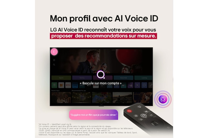 On an LG OLED TV screen is the webOS 25 home page filled with apps and entertainment content. By the TV is the LG AI Magic Remote, the AI button is highlighted as if activated by the user's voice. A speech bubble is beside it, switching to my account. The short text explains how users can now synchronize their voice to their personal profile for easier navigation and personalized recommendations.