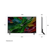 Vue avant et latérale de la Smart TV LG QNED evo AI 4K montrant ses dimensions de longueur, largeur, hauteur et profondeur.
