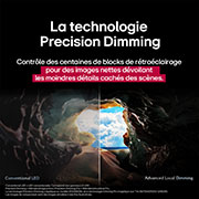 Des éclaboussures de peinture éclatent en hauteur depuis le sol dans diverses couleurs. Certification Intertrek pour un volume de couleurs à 100 % par rapport au DCI-P3. Le titre parle de la nouvelle technologie de gamme de couleurs élargie unique de LG, qui vous permet de profiter de couleurs éclatantes à l’écran.