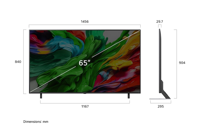 Front view and side view of LG QNED evo AI 4K Smart TV showing its length, width, height, and depth dimensions.