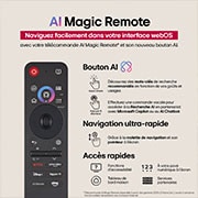 On a TV screen is the webOS 25 home page filled with apps and entertainment content. By the TV is the LG AI Magic Remote, the AI button is highlighted as if activated by the user's voice. A speech bubble is beside it, switching to my account. The short text explains how users can now sync their voice to their personal profile for easier navigation and personalized recommendations.