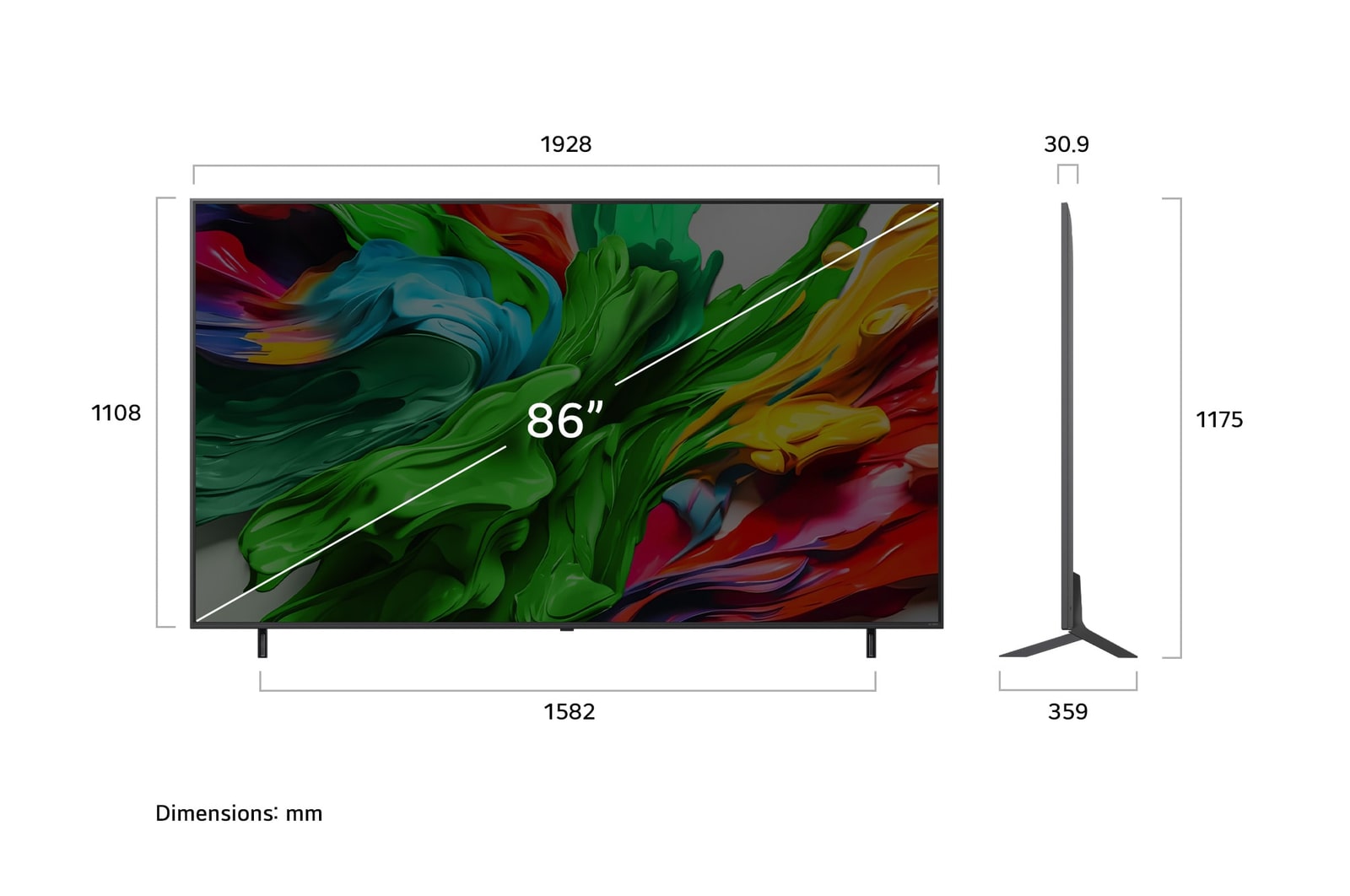 Vue avant et latérale de la Smart TV LG QNED evo AI 4K montrant ses dimensions de longueur, largeur, hauteur et profondeur.