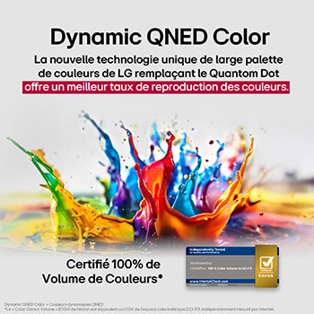Des éclaboussures de peinture éclatent en hauteur depuis le sol dans diverses couleurs. Certification Intertrek pour un volume de couleurs à 100 % par rapport au DCI-P3. Le titre parle de la nouvelle technologie de gamme de couleurs élargie unique de LG, qui vous permet de profiter de couleurs éclatantes à l’écran.