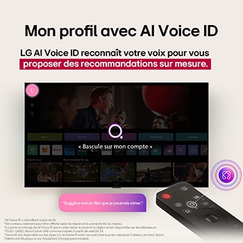 Télécommande LG AI Magic Remote avec le bouton IA en surbrillance. Autour d’elle se trouvent les différentes fonctionnalités auxquelles un utilisateur peut accéder à partir du bouton. AI Voice ID, AI Search, AI Chatbot, AI Concierge, AI Picture Wizard, AI Sound Wizard. Le texte explique que la télécommande LG AI Magic Remote complète votre AI Experience avec un bouton dédié à l’IA et peut être utilisée comme une souris aérienne. Il vous suffit de pointer et cliquer.