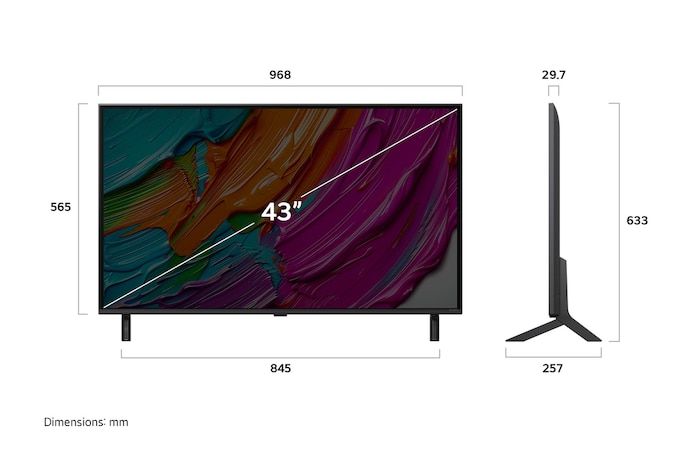 Front view and side view of LG QNED AI QNED80 4K Smart TV showing its length, width, height, and depth dimensions.