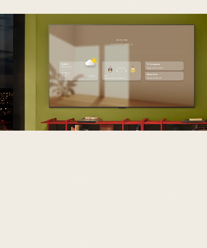 Le panneau d’informations est affiché sur une LG TV fixée au mur. Différentes fonctionnalités sont affichées : mises à jour météo, alertes sportives, programmation de TV, Home Hub et Google Agenda.