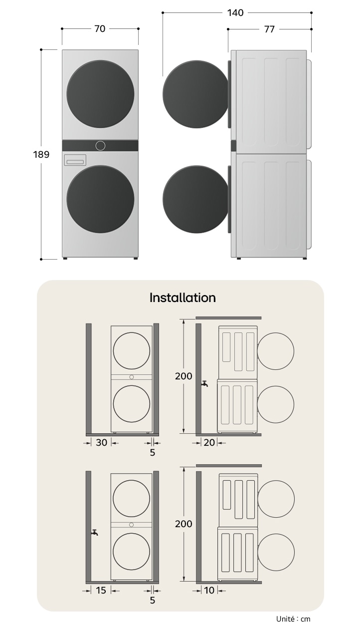 Dessin technique de la LG WashTower® : L 700 mm, H 1890 mm, P 770 mm, avec espaces d'installation.