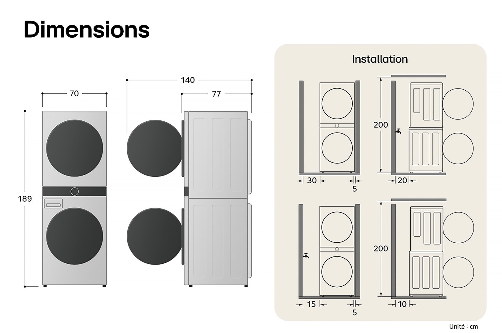 Dessin technique de la LG WashTower® : L 700 mm, H 1890 mm, P 770 mm, avec espaces d'installation.
