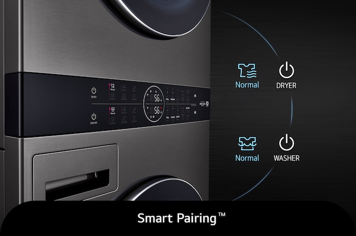 Gros plan sur la fonction Smart Pairing™ de la LG WashTower® F761TOWERB2, montrant la synchronisation automatique du cycle de séchage avec le cycle de lavage.