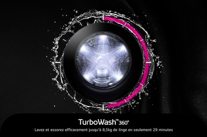 Graphique de la fonction TurboWash™ 360° de la LG WashTower® F761TOWERB2, assurant un nettoyage complet en seulement 39 minutes.