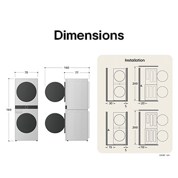 Dessin technique de la LG WashTower® : L 700 mm, H 1890 mm, P 770 mm, avec espaces d'installation.