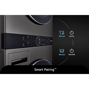 Gros plan sur la fonction Smart Pairing™ de la LG WashTower® F761TOWERB2, montrant la synchronisation automatique du cycle de séchage avec le cycle de lavage.