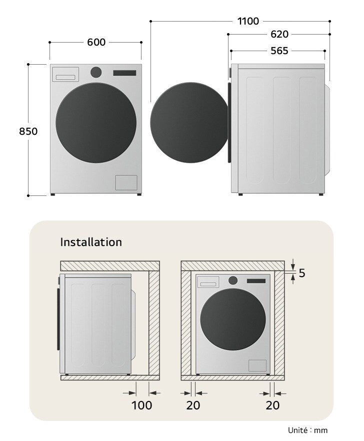 Guide des dimensions d'installation pour le lave-linge LG F94R56WHS avec des mesures de 600 mm x 850 mm x 565 mm.