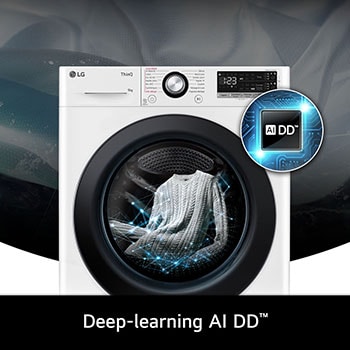 Technologie Deep-learning AI DD du lave-linge LG F94R35WHS optimisant les mouvements du tambour pour protéger le linge.