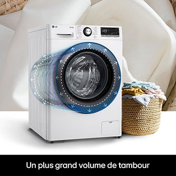 Tambour de plus grande capacité du lave-linge LG F94R35WHS permettant de laver plus de linge dans des dimensions standard.