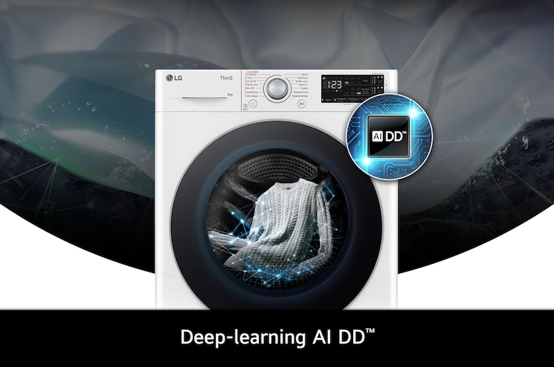Technologie Deep-learning AI DD du lave-linge LG F94R31WHSA optimisant les mouvements du tambour pour protéger le linge.