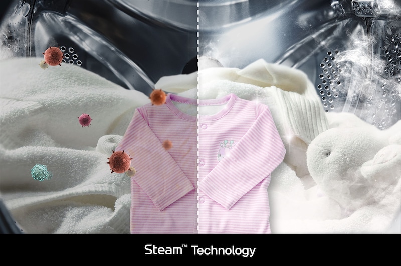 Technologie Vapeur du lave-linge LG F94R31WHSA éliminant les allergènes et les bactéries pour un linge hygiénique.