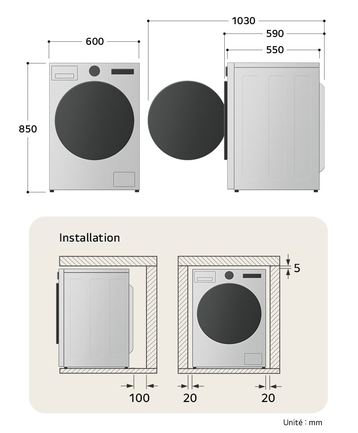 Guide des dimensions d'installation pour LG F94B13WH affichant les mesures précises de 600 mm x 850 mm x 550 mm.