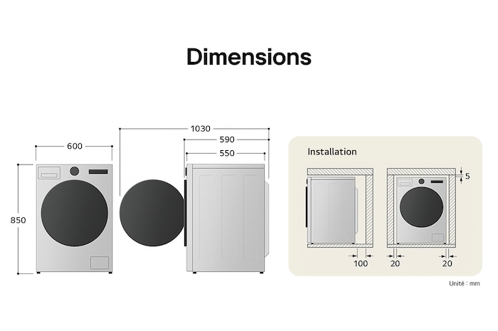 Schéma technique du lave-linge séchant LG F854B16WHS indiquant une hauteur de 850 mm, une largeur de 600 mm et une profondeur de 550 mm.