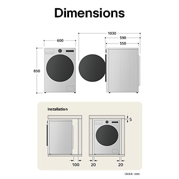 Schéma technique du lave-linge séchant LG F854B16WHS indiquant une hauteur de 850 mm, une largeur de 600 mm et une profondeur de 550 mm.