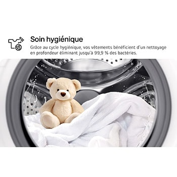 Cycle Soin hygiénique du lave-linge LG F84N15WHS éliminant 99,9 % des bactéries pour un nettoyage en profondeur.