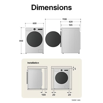 Schéma technique du lave-linge LG F14X71WSTA indiquant une hauteur de 850 mm, une largeur de 600 mm et une profondeur de 565 mm.