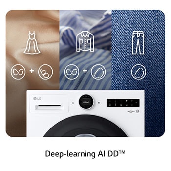 Technologie Deep-learning AI DD du lave-linge LG F14X71WSTA optimisant les mouvements de lavage pour la protection des tissus.
