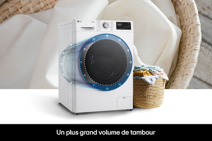 Tambour de plus grande capacité du lave-linge LG F14R31WHSA permettant de laver plus de linge dans des dimensions standard.