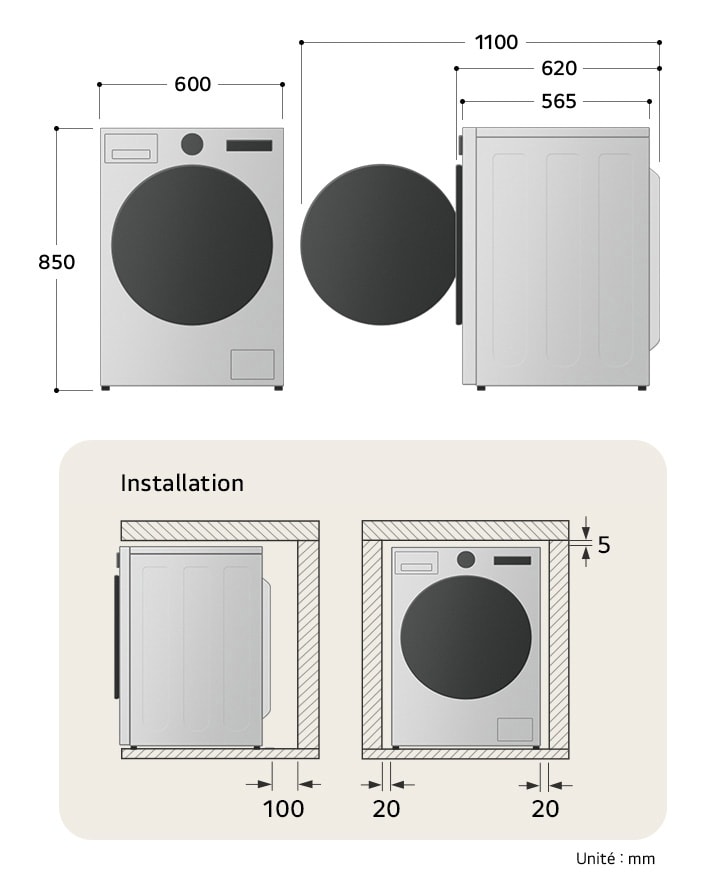 Guide des dimensions d'installation pour le lave-linge séchant LG F964R76WRST avec des mesures de 600 mm x 850 mm x 565 mm.