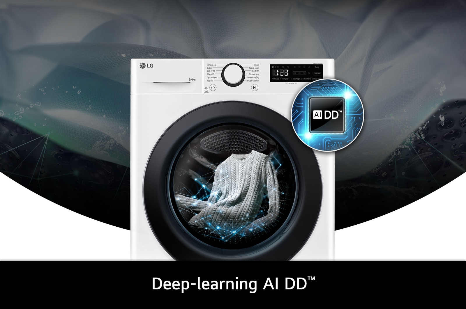 Technologie AI DD du lave-linge 9/6 kg LG F964R35WR optimisant les mouvements du tambour pour protéger le linge.