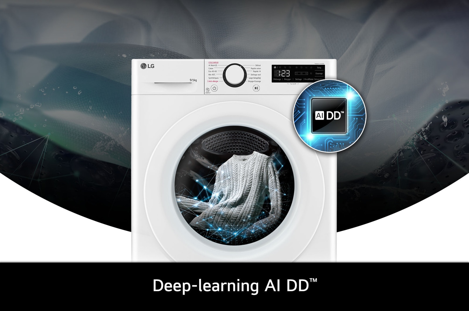 Technologie AI DD du lave-linge 9/5 kg LG F952SR50WRS optimisant les mouvements du tambour pour protéger le linge.