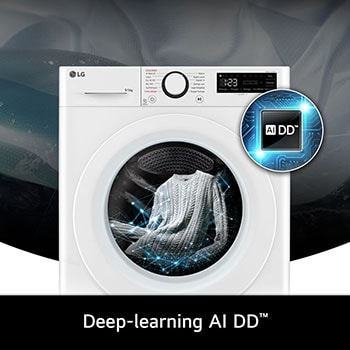 Technologie AI DD du lave-linge 9/5 kg LG F952SR50WRS optimisant les mouvements du tambour pour protéger le linge.