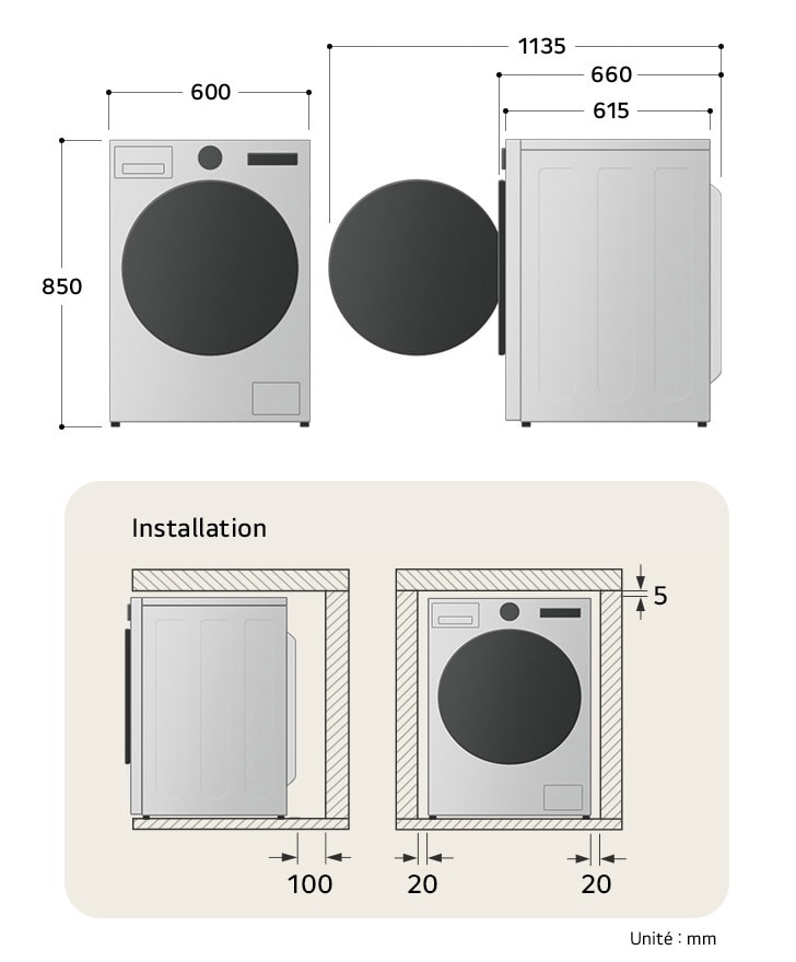 Dessin technique du lave-linge LG : L 600, H 850, P 615 mm (porte ouverte1135 mm), avec dégagements requis.