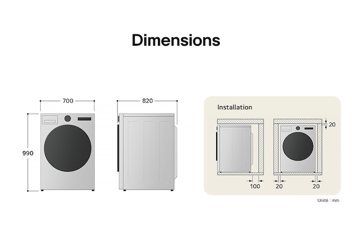 Schéma technique du sèche-linge 18 kg LG RH8P12WH indiquant une hauteur de 990 mm, une largeur de 700 mm et une profondeur de 770 mm.