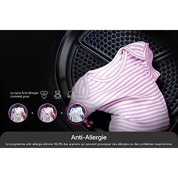 Cycle Anti-Allergie du sèche-linge 18 kg LG RH8P12WH éliminant 99,9 % des acariens pour protéger les peaux sensibles.