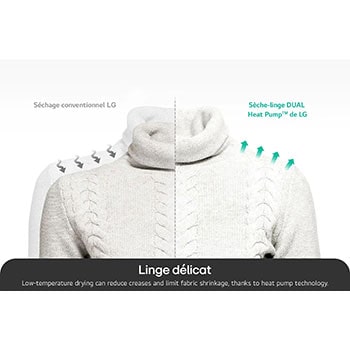 Séchage basse température du sèche-linge LG RH8P12WH réduisant les plis et le rétrécissement grâce à la pompe à chaleur.
