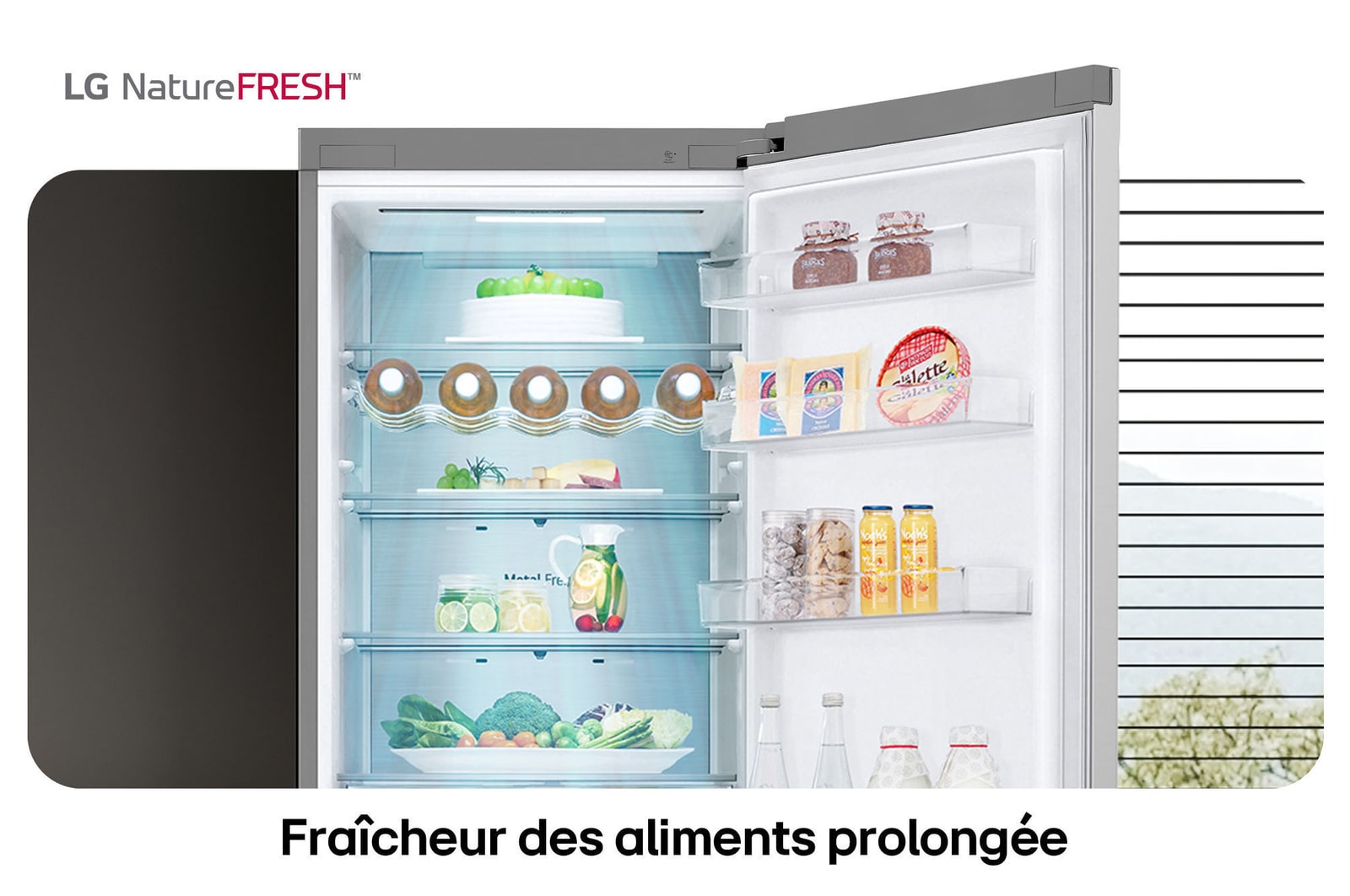 Réfrigérateur-congélateur LG GBF7272DPY illustre l'intérieur NatureFRESH avec porte-bouteilles et bacs à légumes para une fraîcheur longue durée.