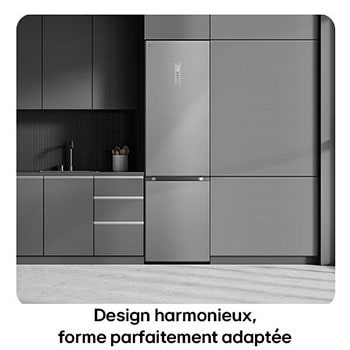 Réfrigérateur-congélateur LG GBF7272DPY Silver, illustre le Design Flat Door de 203 cm et l'intégration parfaite dans les meubles de cuisine modernes.