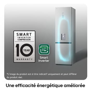 Réfrigérateur-congélateur LG GBF7272DPY avec le logo du Compresseur Smart Inverter, soulignant la garantie de 10 ans et l'efficacité énergétique.